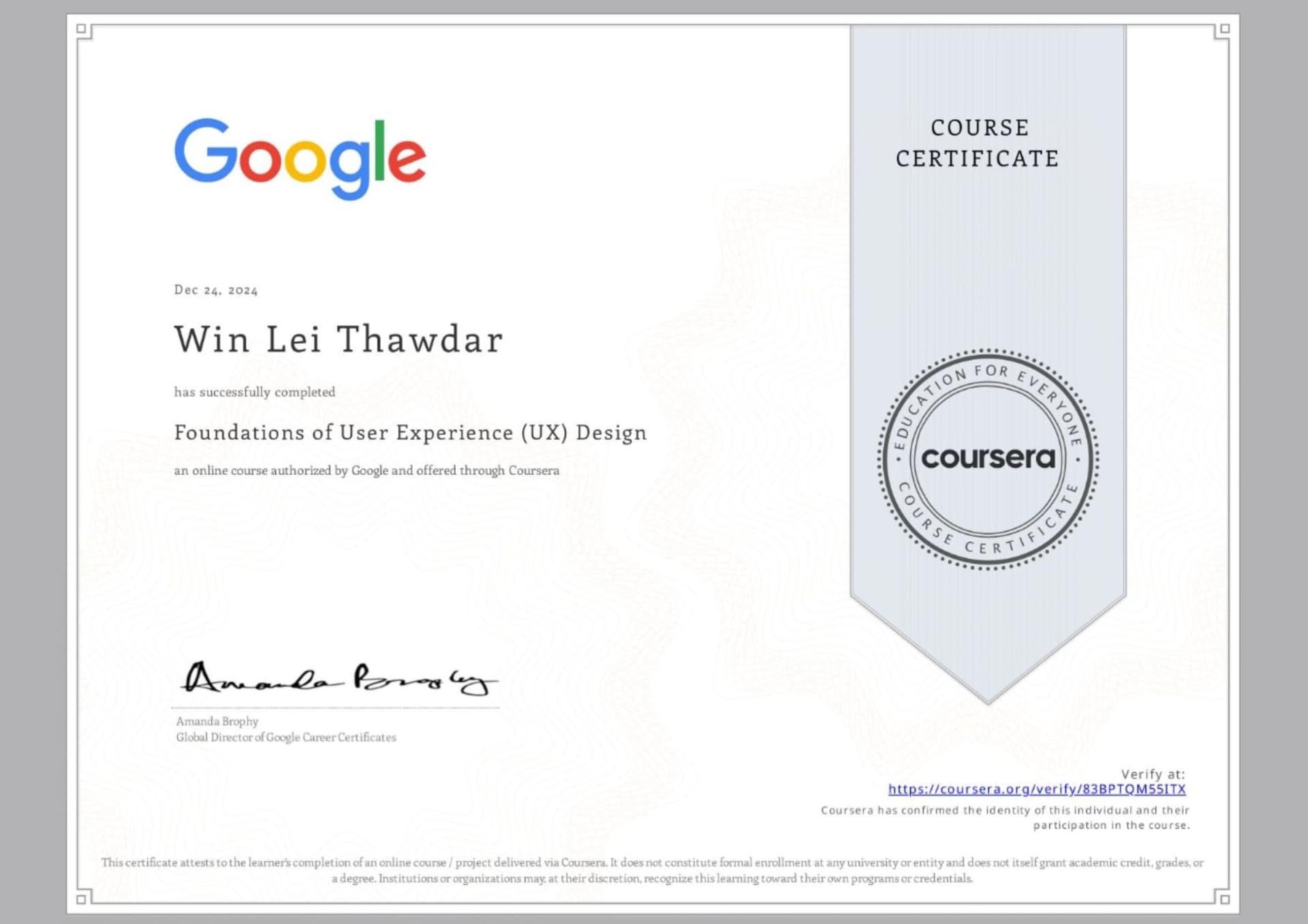 Foundations of User Experience (UX) Design certificate preview