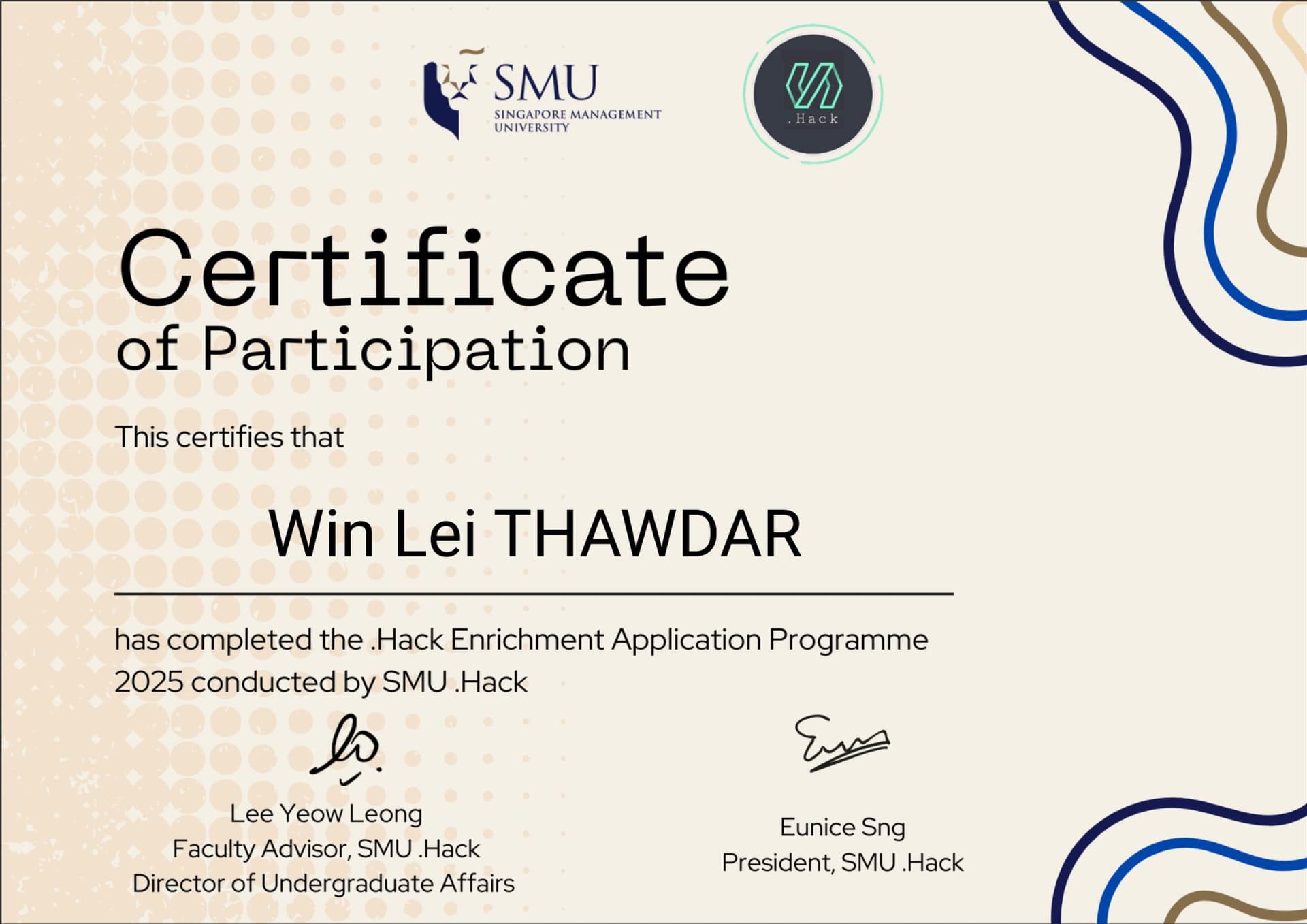 SMU .Hack Enrichment Application Programme 2025 certificate preview