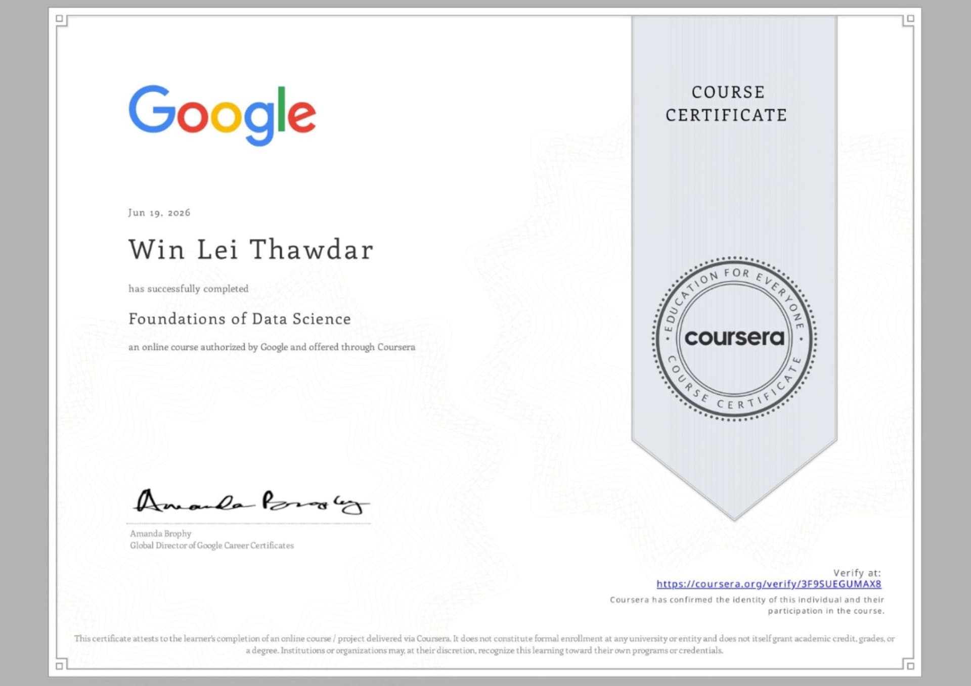 Foundations of Data Science certificate preview