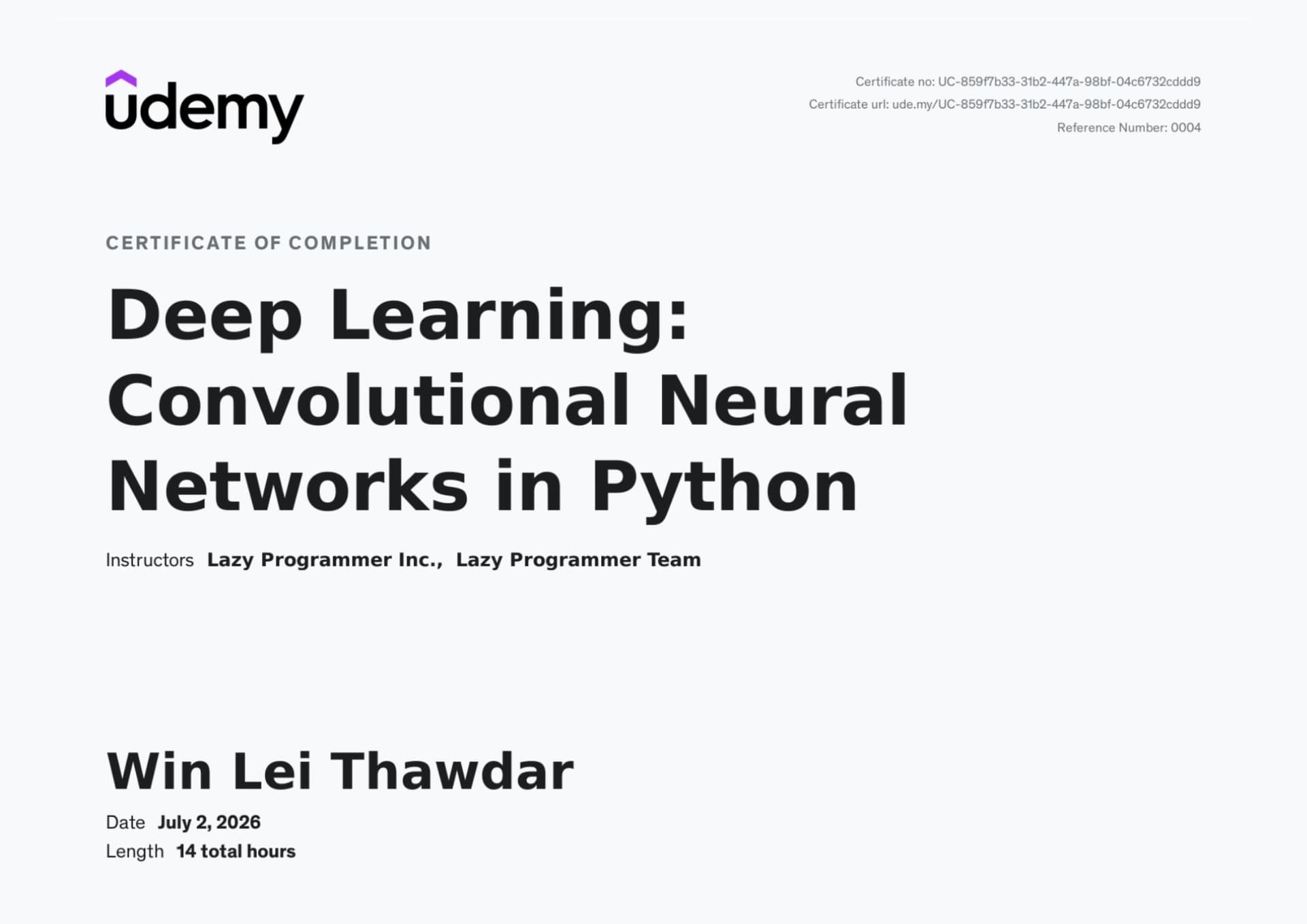 Deep Learning: Convolutional Neural Networks in Python certificate preview