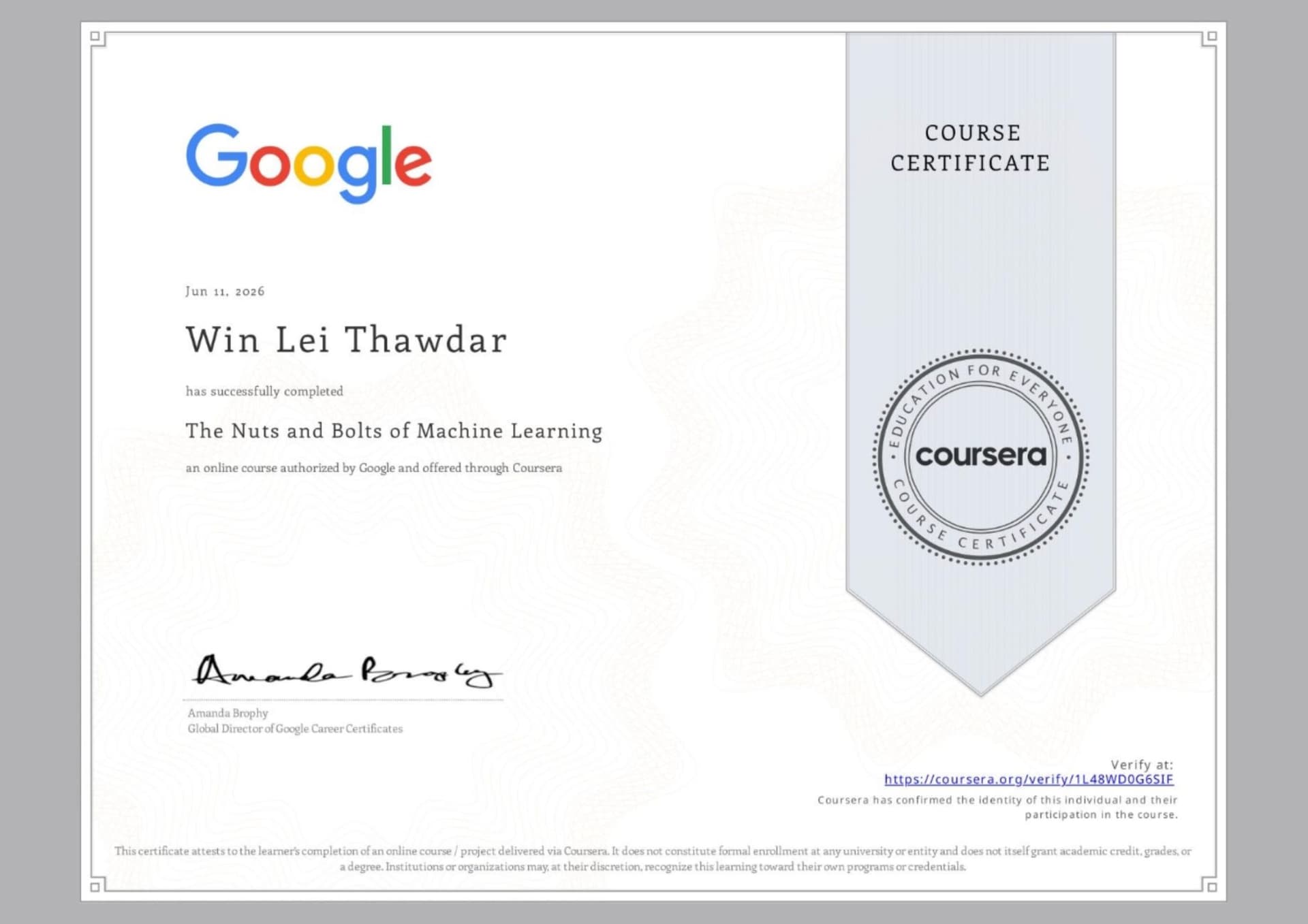 The Nuts and Bolts of Machine Learning certificate preview